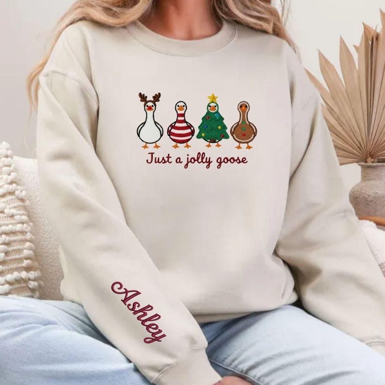 Personalized Jolly Goose Embroidered Sweatshirt, Christmas Goose Hoodie, Kawaii Holiday Crewneck, Festive Winter Embroidery Sweater