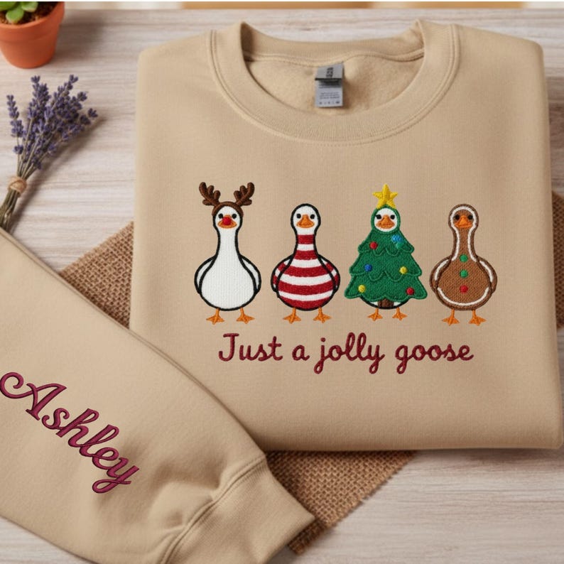 Personalized Jolly Goose Embroidered Sweatshirt, Christmas Goose Hoodie, Kawaii Holiday Crewneck, Festive Winter Embroidery Sweater