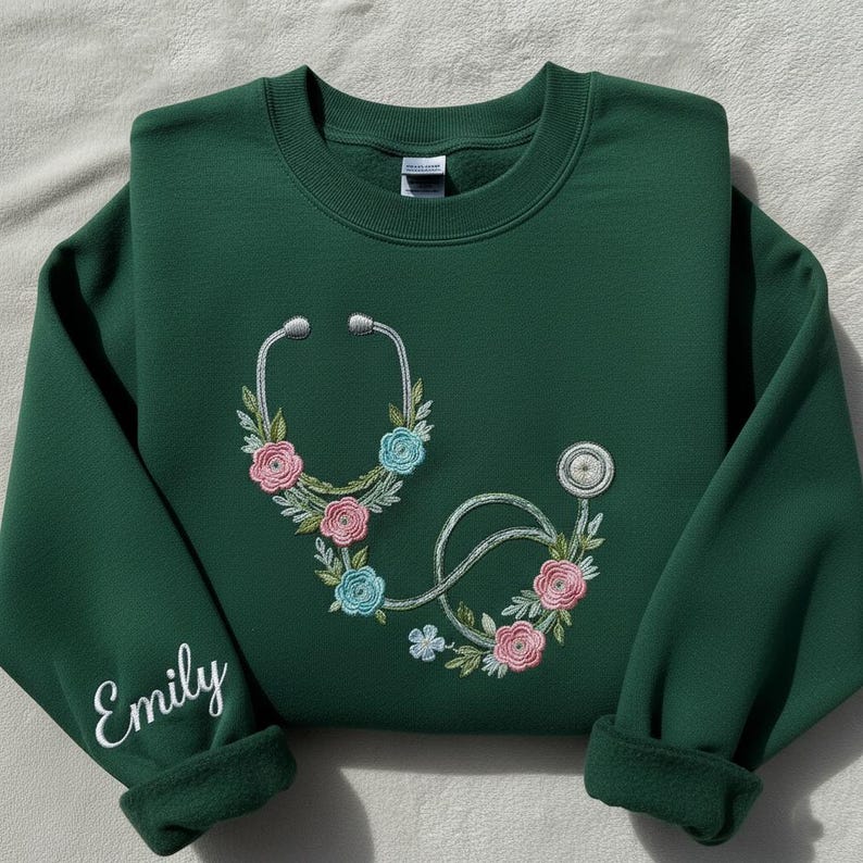 Embroidered Floral Stethoscope Sweatshirt, Custom Name Nurse Crewneck, Personalized RN Gift, Doctor Graduation Hoodie, Medical Student Sweater
