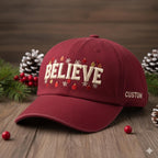 Custom Christmas Believe Embroidered Hat, Custom Holiday Baseball Cap, Festive Embroidery Dad Hat Gift, Christmas Ornament Hat