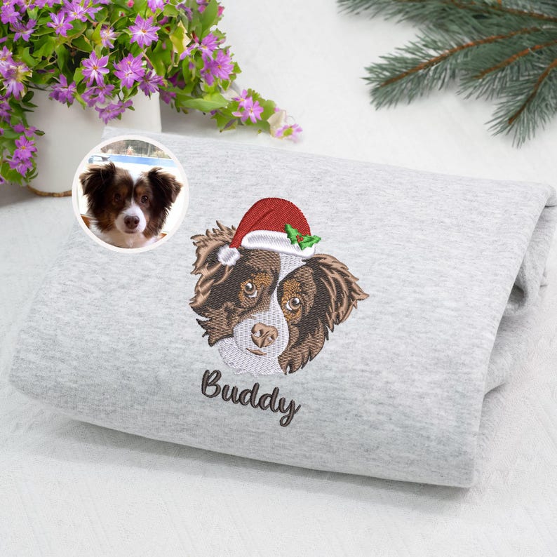 Custom Embroidered Dog Christmas Sweatshirt, Personalized Santa Hat Dog Lover Holiday, Pet Lover Gift