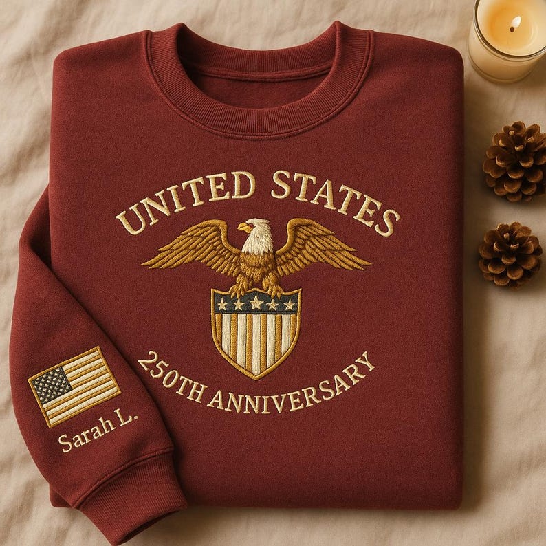 Embroidered US 250th Anniversary Sweatshirt, Eagle Shield Flag Sweater, Patriotic American Freedom Hoodie, Personalized Gift