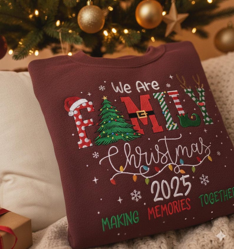Embroidered 2025 Christmas Crew Sweatshirt: We Are Family Christmas, Family Christmas Hoodie, Festive Holiday Sweater, Christmas Party Hoodie