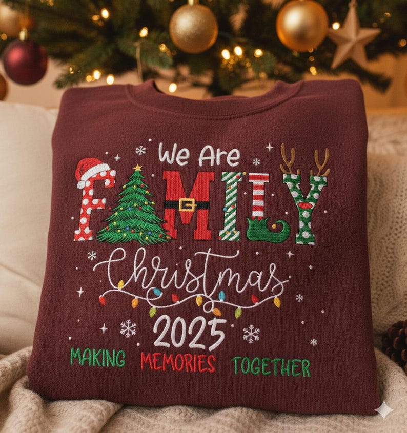 Embroidered 2025 Christmas Crew Sweatshirt: We Are Family Christmas, Family Christmas Hoodie, Festive Holiday Sweater, Christmas Party Hoodie
