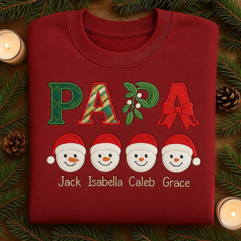 Embroidered Papa Snowman Sweater, Custom Grandparent Gift, Personalized Papa Hoodie with Grandkids Name, Christmas Family Crewneck