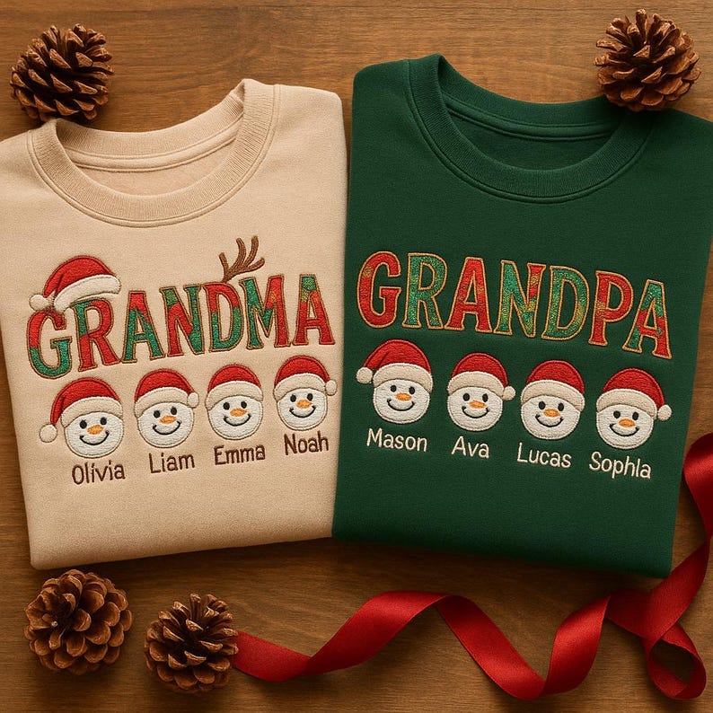 Embroidered Grandparent Sweatshirt, Custom Grandma Grandpa Snowman Hoodie, Personalized Family Christmas Gift, Grandkids Name Crewneck