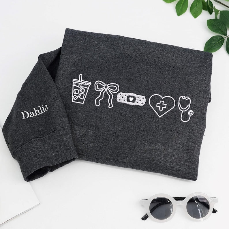 Embroidered Nurse Sweatshirt - Coquette Bow, Personalized CNA Crewneck - Nursing Student Sweatshirt For Her