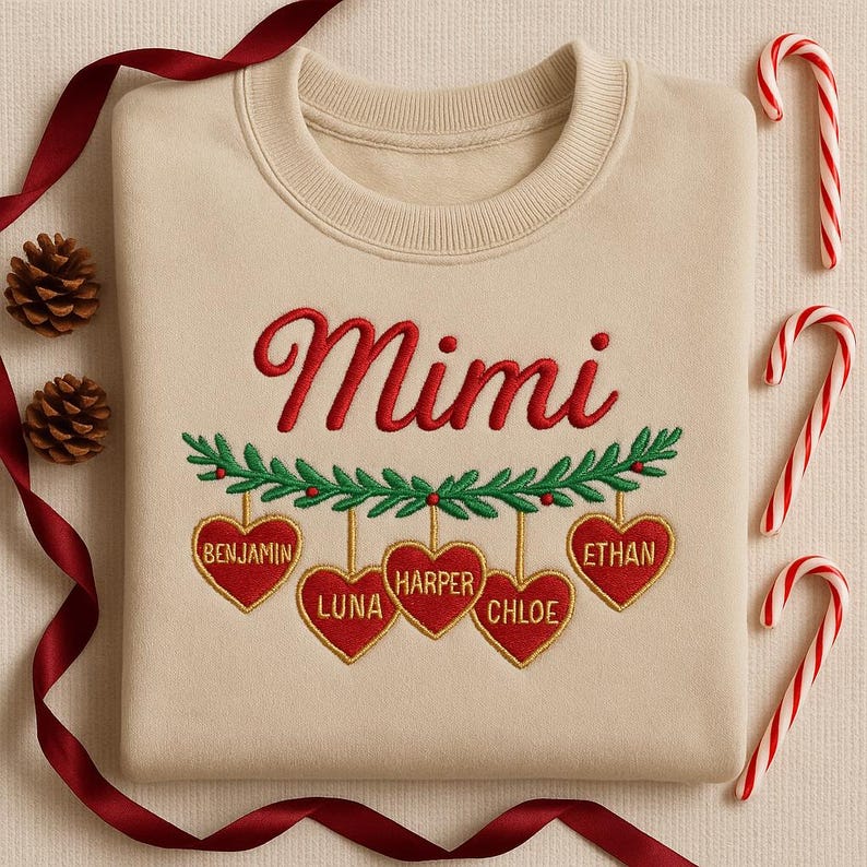 Embroidered Mimi Christmas Sweatshirt, Personalized Grandkids Name Heart Wreath Sweater, Custom Grandma Xmas Gift, Family Holiday Hoodie