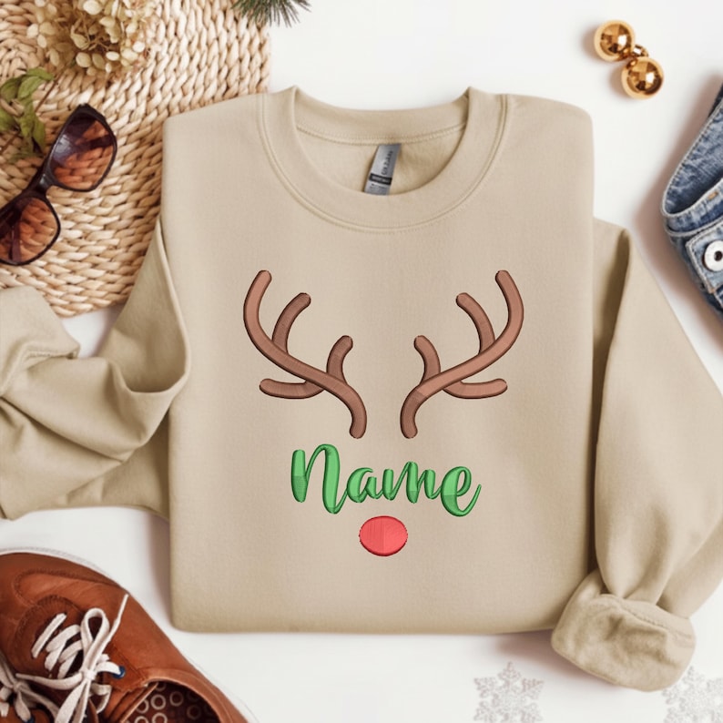 Personalized Embroidered Rudolph Reindeer Christmas Sweatshirt, Custom Name Hoodie, Christmas Gift, Embroidered Christmas Sweater For Friend