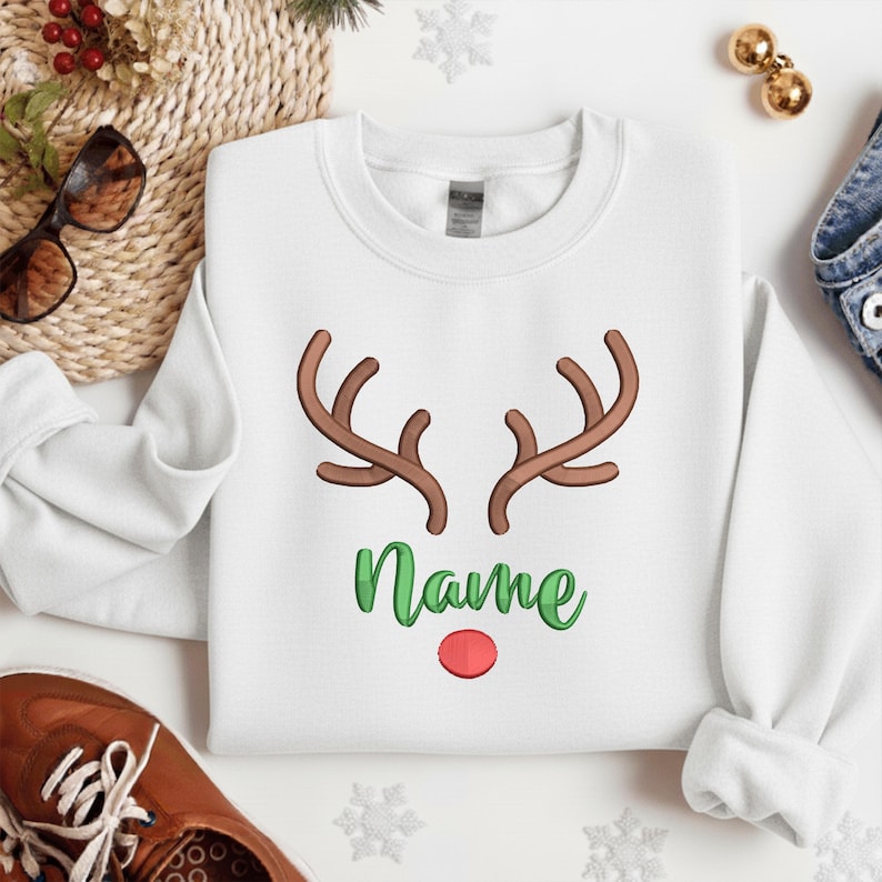 Personalized Embroidered Rudolph Reindeer Christmas Sweatshirt, Custom Name Hoodie, Christmas Gift, Embroidered Christmas Sweater For Friend
