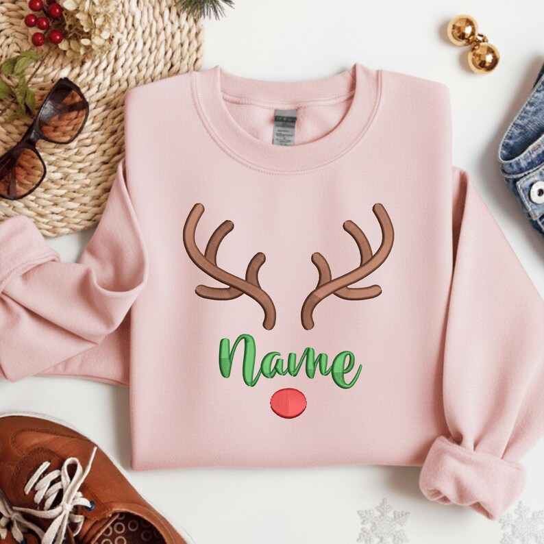 Personalized Embroidered Rudolph Reindeer Christmas Sweatshirt, Custom Name Hoodie, Christmas Gift, Embroidered Christmas Sweater For Friend
