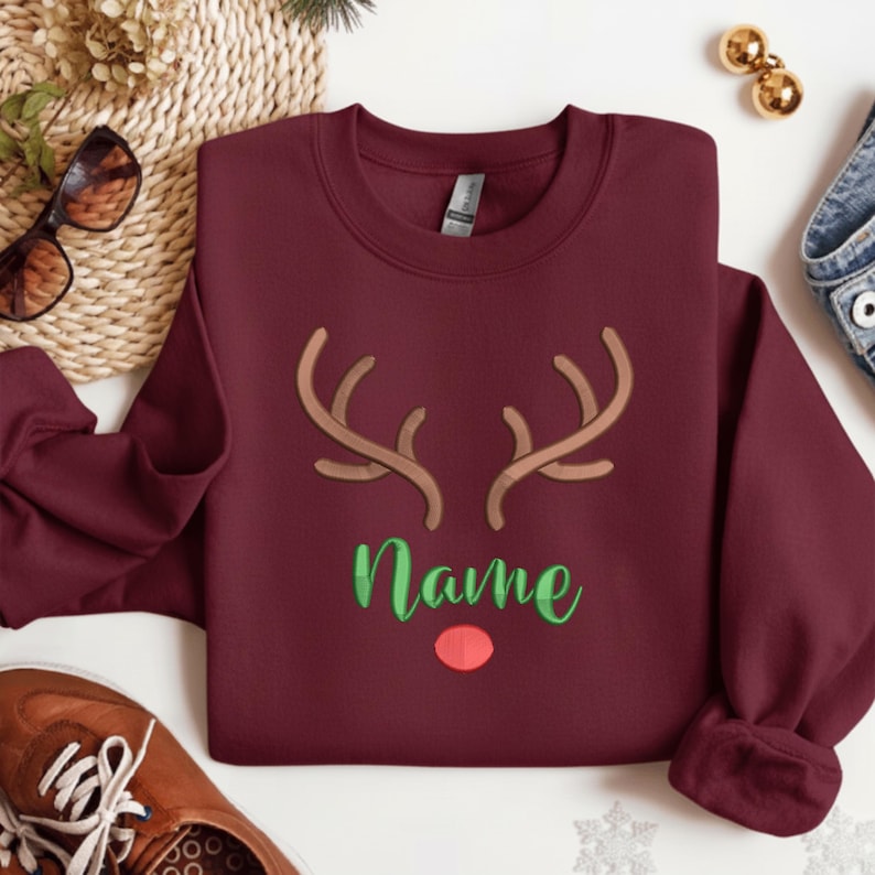 Personalized Embroidered Rudolph Reindeer Christmas Sweatshirt, Custom Name Hoodie, Christmas Gift, Embroidered Christmas Sweater For Friend