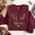 Personalized Embroidered Rudolph Reindeer Christmas Sweatshirt, Custom Name Hoodie, Christmas Gift, Embroidered Christmas Sweater For Friend