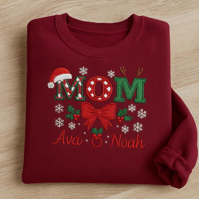 Embroidered Custom Christmas Mom Sweatshirt, Festive Mom Hoodie, Holiday Gift for Mom, Family Reunion, Cozy Winter Christmas Sweater