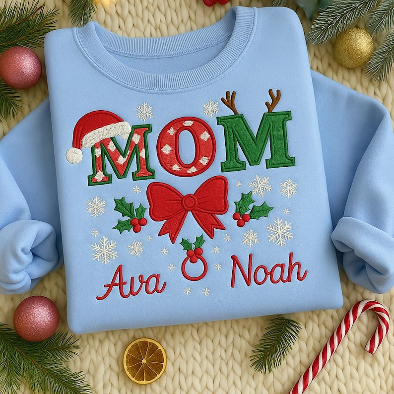 Embroidered Custom Christmas Mom Sweatshirt, Festive Mom Hoodie, Holiday Gift for Mom, Family Reunion, Cozy Winter Christmas Sweater