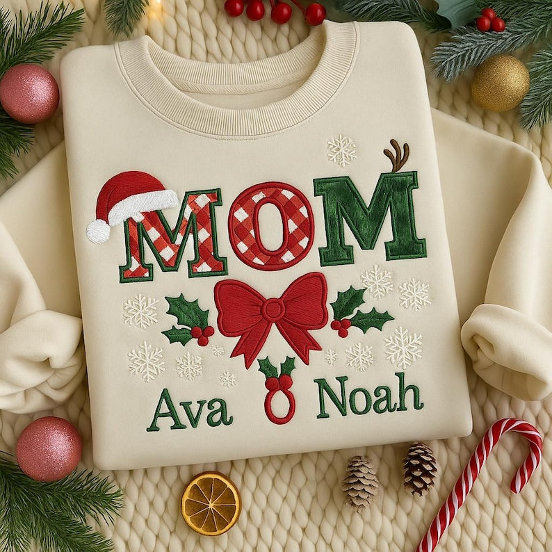 Embroidered Custom Christmas Mom Sweatshirt, Festive Mom Hoodie, Holiday Gift for Mom, Family Reunion, Cozy Winter Christmas Sweater