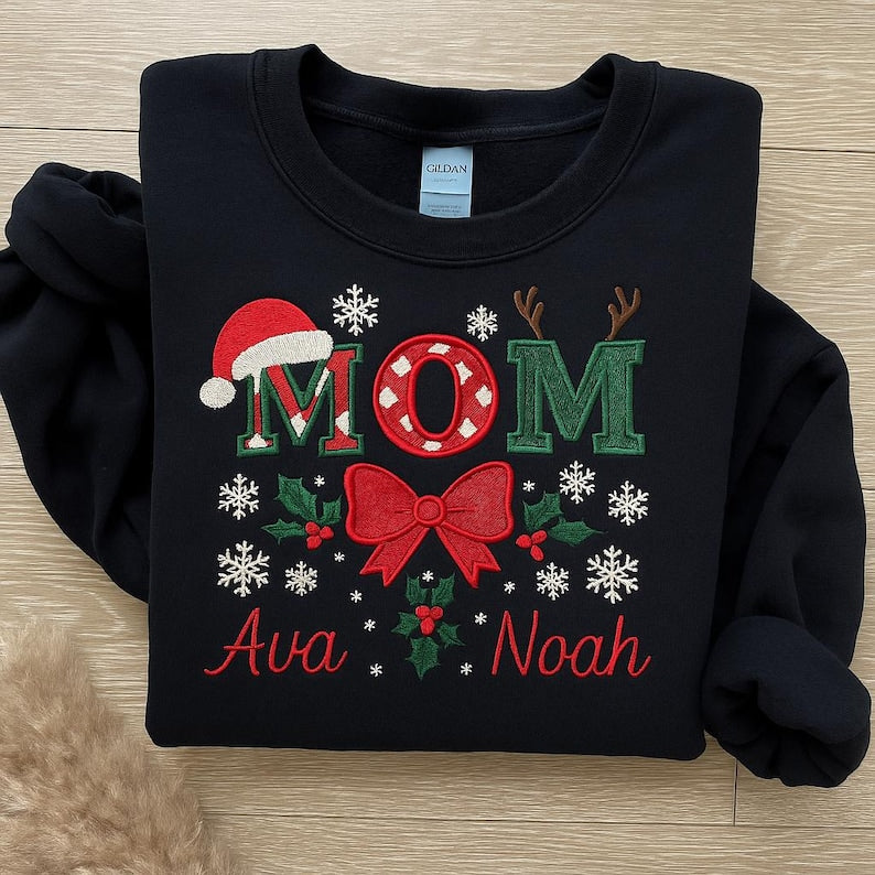 Embroidered Custom Christmas Mom Sweatshirt, Festive Mom Hoodie, Holiday Gift for Mom, Family Reunion, Cozy Winter Christmas Sweater
