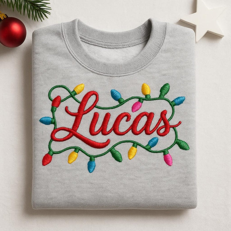 Personalized Name Embroidered Sweatshirt, Christmas Light String Hoodie, Custom Name Holiday Crewneck, Xmas Bulb Sweater For Him