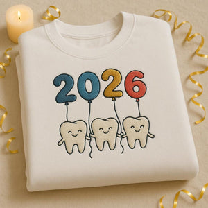 2026 New Year Dental Embroidered Sweatshirt, Cute Tooth Balloons Crewneck, Dentist New Year Gift, Hygienist Holiday Jumper