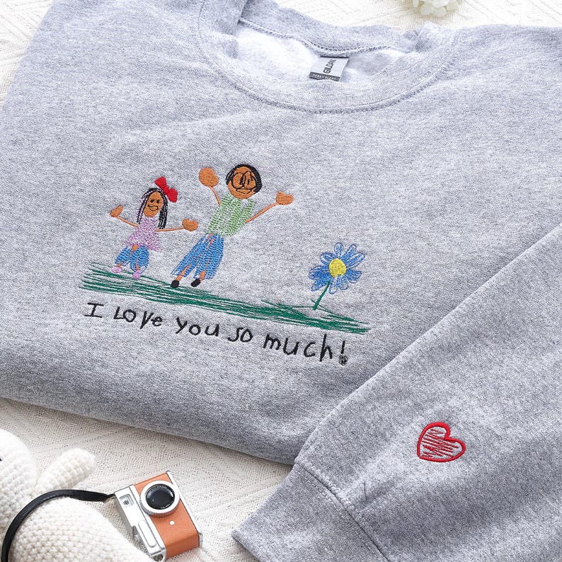 Custom Kids Photo Drawing Sweatshirt - Photo Embroidered Sweatshirt - Kids Art Sweatshirt - Drawing on Sweatshirt, Unique Gift for Mom, Dad