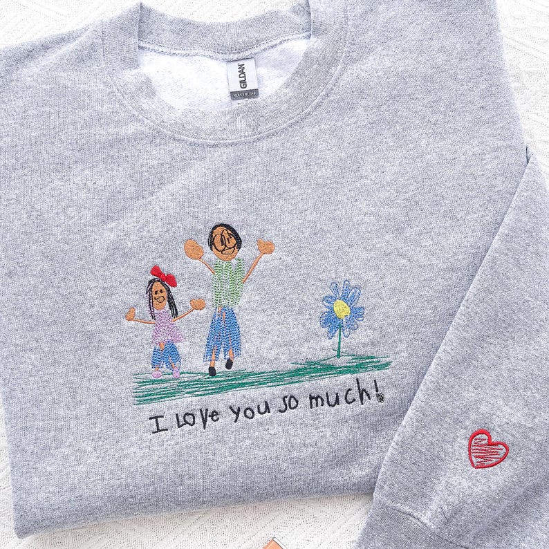Custom Kids Photo Drawing Sweatshirt - Photo Embroidered Sweatshirt - Kids Art Sweatshirt - Drawing on Sweatshirt, Unique Gift for Mom, Dad