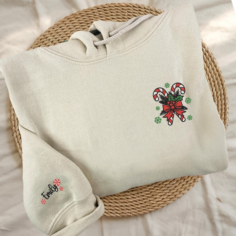 Embroidered Christmas Sweatshirt, Candy Cane Hoodie, Christmas Sweater for Women, Christmas Hoodie, Cute Christmas Gift, Holiday Winter Sweatshirt