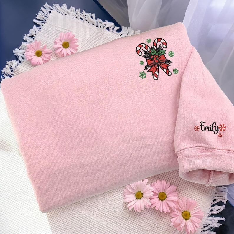 Embroidered Christmas Sweatshirt, Candy Cane Hoodie, Christmas Sweater for Women, Christmas Hoodie, Cute Christmas Gift, Holiday Winter Sweatshirt