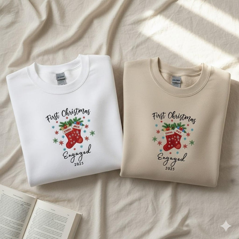 First Christmas Engaged Personalized Embroidered Sweatshirt Couple Engagement Gift Matching Christmas Hoodie Newly Engaged Apparel