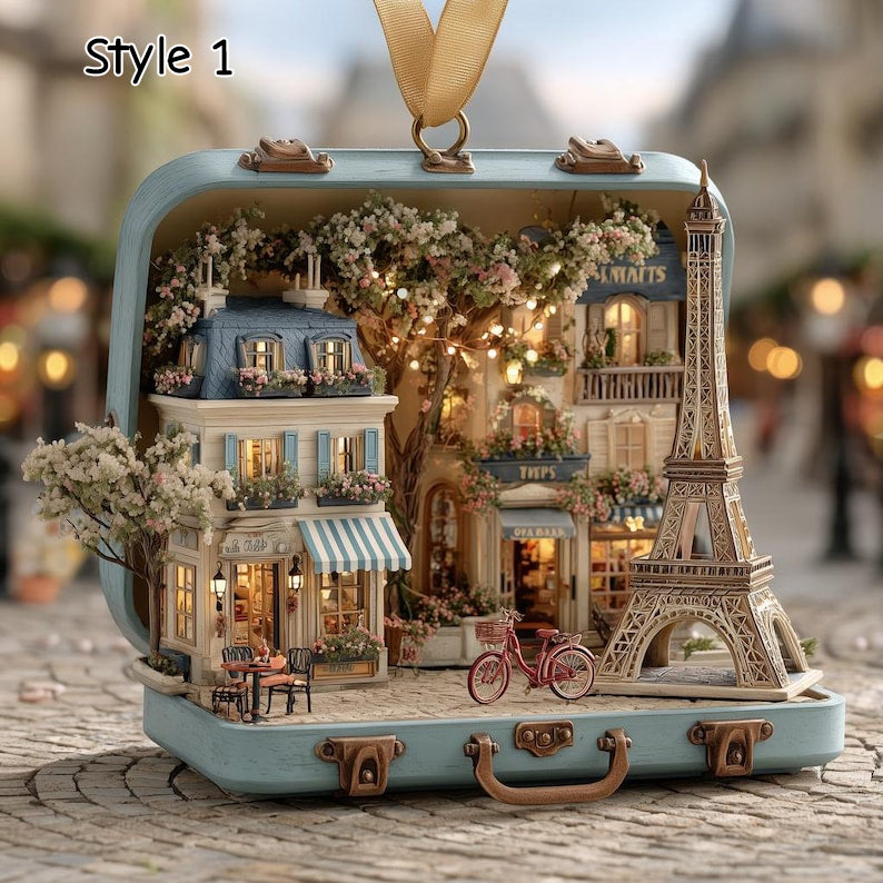 Lighted Paris Suitcase Ornament, Eiffel Tower Christmas Decor, Miniature Diorama, Parisian Scene Holiday Gift, Travel Theme Decoration il_794xN.7414586882_315z.jpg