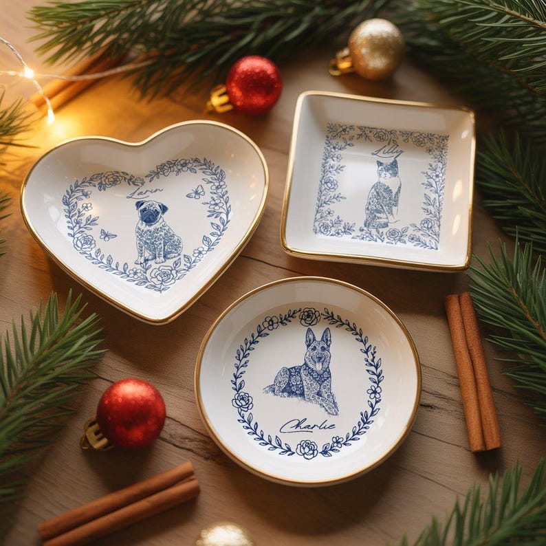 Custom Dog Cat Jewelry Dish, Toile De Jouy Pet Ring Dish , Personalized Pet Portrait Ceramic Christmas , Pet Mom Photo Gift, Pet Lover Gift il_794xN.7424163190_izr2.jpg