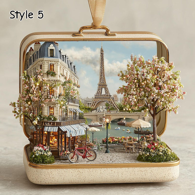 Lighted Paris Suitcase Ornament, Eiffel Tower Christmas Decor, Miniature Diorama, Parisian Scene Holiday Gift, Travel Theme Decoration il_794xN.7462465623_g174.jpg