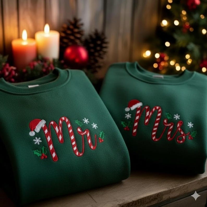 EMBROIDERED Christmas Mr & Mrs Sweatshirt, Husband and Wife Candy Cane Hoodie, Christmas Couple Sweatshirt, Future Mrs Hoodie, Family Gift