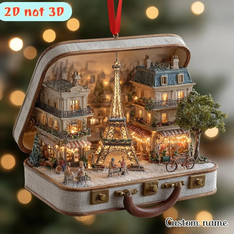 Lighted Paris Suitcase Ornament, Eiffel Tower Christmas Decor, Miniature Diorama, Parisian Scene Holiday Gift, Travel Theme Decoration il_794xN.7470659515_2czi.jpg
