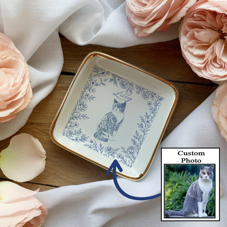 Custom Dog Cat Jewelry Dish, Toile De Jouy Pet Ring Dish , Personalized Pet Portrait Ceramic Christmas , Pet Mom Photo Gift, Pet Lover Gift il_794xN.7472087981_jlau.jpg