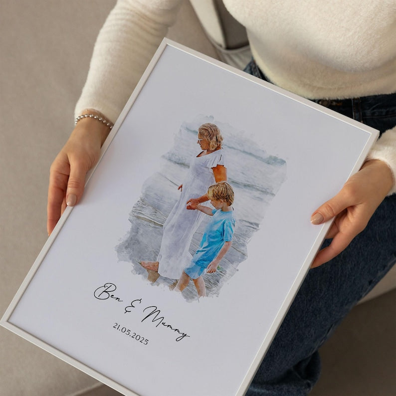 Custom Watercolor From Photo Print - Personalised Mother's Day Portrait Poster