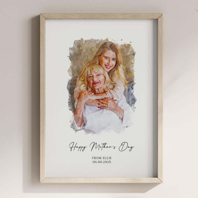 Custom Watercolor From Photo Print - Personalised Mother's Day Portrait Poster