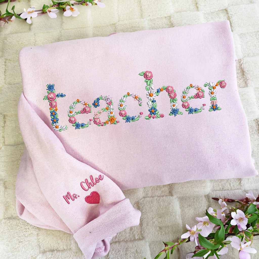 Teacher Embroidered Floral Sweatshirt, Personalized Name Teacher Hoodie, 1st Grade Teacher Shirt, Teacher School Shirt, New Teacher Gift il_fullxfull.6425477731_o001.jpg