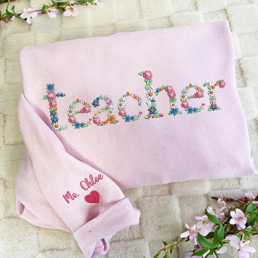 Teacher Embroidered Floral Sweatshirt, Personalized Name Teacher Hoodie, 1st Grade Teacher Shirt, Teacher School Shirt, New Teacher Gift il_fullxfull.6425477731_o001.jpg