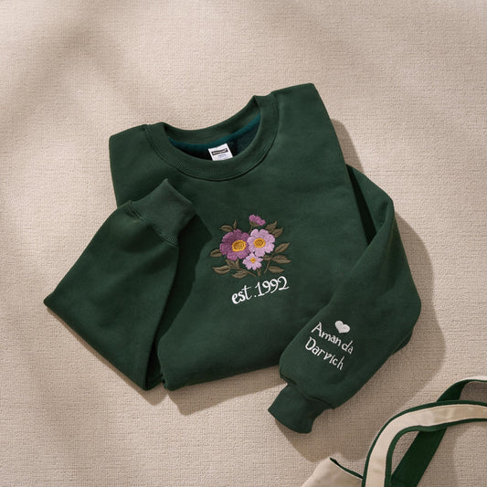Personalized Hand-Embroidery Birth Month Flower Sweatshirt, Personalize Mom Gift, Mothers Day Gift, Custom Flowers Mom Shirt,Floral Mom Gift