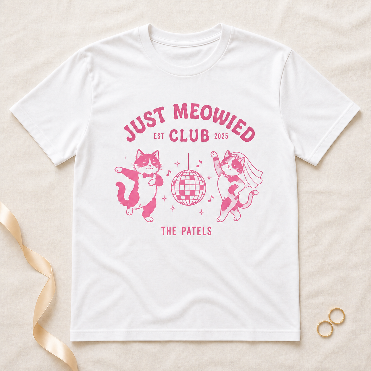 Just Meowied Personalized Cat Wedding T-Shirt – Funny Newlywed Couple Tee, Custom Family Name Gift for Cat Lovers