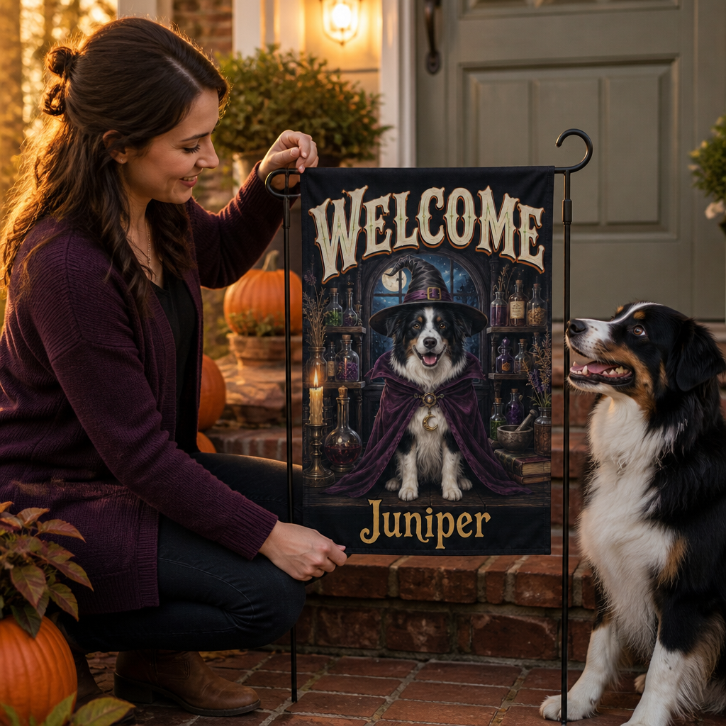 WELCOME Juniper – Personalized Photo Flag – Halloween Gift mockup-held-6a7d6fe4501567b700640feb.png
