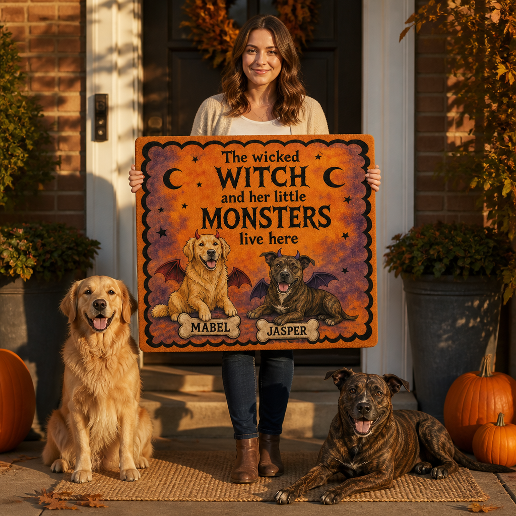 The wicked WITCH and her little MONSTERS live here – Personalized Photo Doormat – Halloween Gift mockup-held-6a7e88e8fb5b77f341a3ee76.png