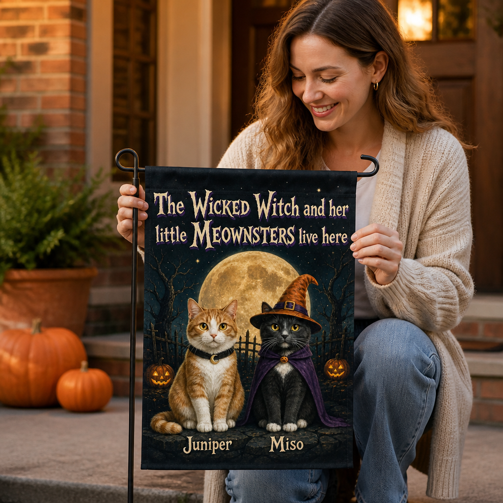 The Wicked Witch and her little MEOWNSTERS live here – Personalized Photo Flag – Halloween Gift mockup-held-6a7e88ff5c37dd62d6c0d5b5.png