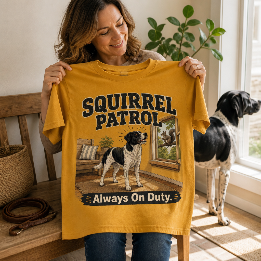 SQUIRREL PATROL Always On Duty. – Personalized Photo T-shirt – Dog Lover Gift mockup-held-6a7ebcd45d1cfbae9a8b8253.png