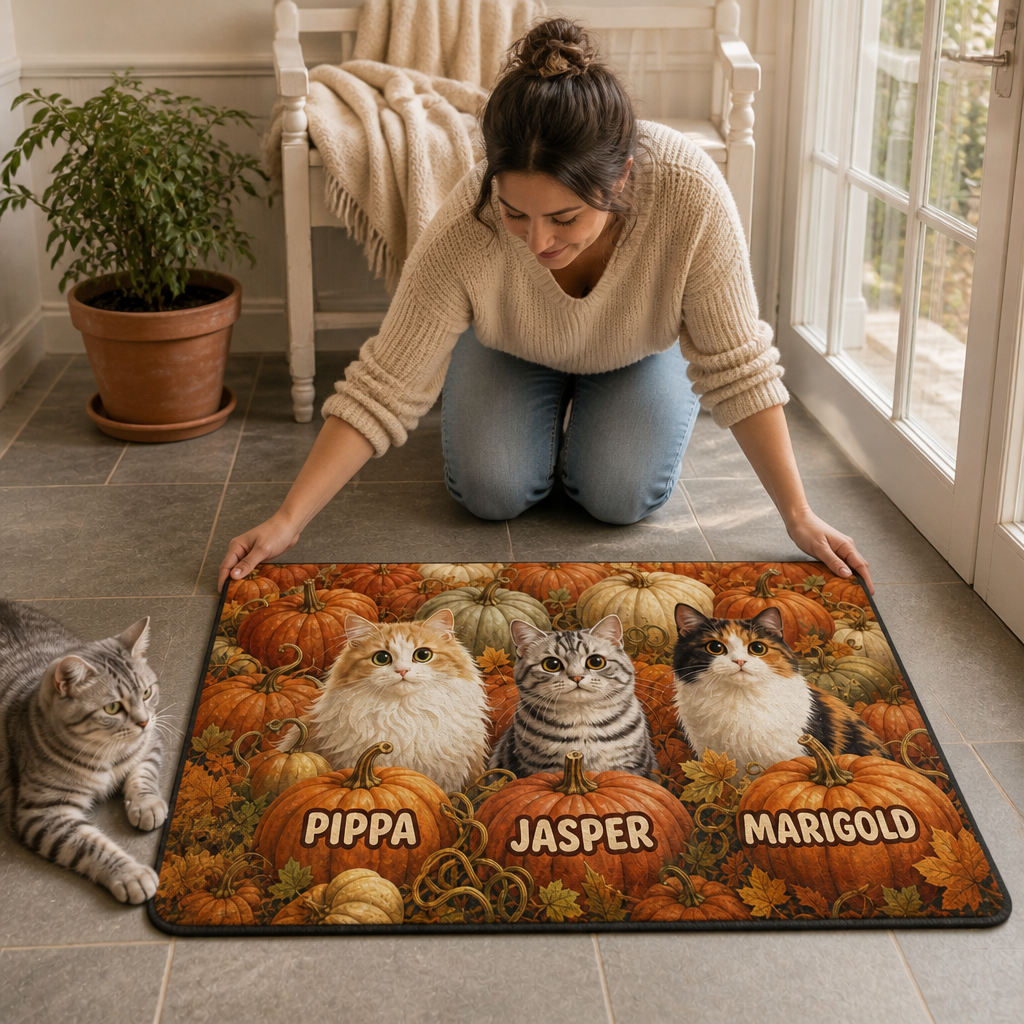 Custom Pet Photo Doormat with Names – Personalized Fall Pumpkin Cat Door Mat mockup-held-6a7ebce2499642cfece3a2c9.png