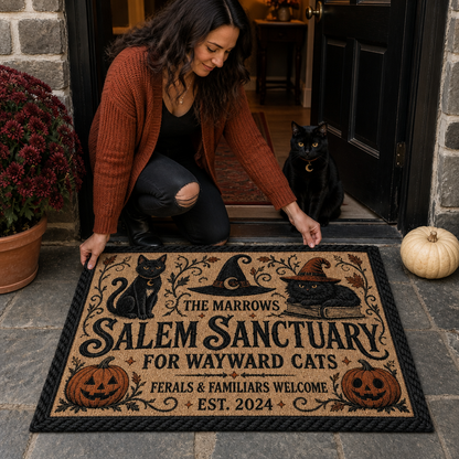 Salem Sanctuary – Personalized Family Name Halloween Doormat – Black Cat Home Decor, Gift mockup-held-6a7ec10283b698223e09456b.png