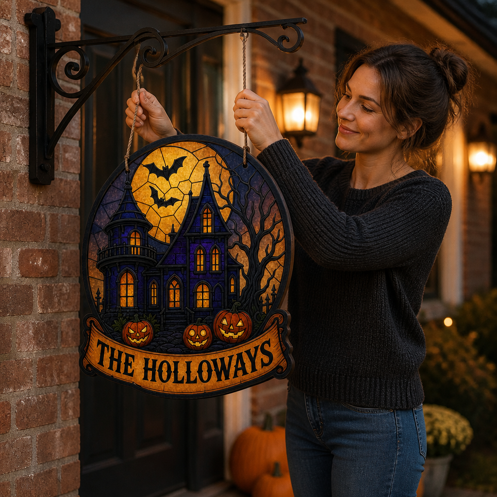 Personalized Haunted House Wood Sign – Custom Family Name Halloween Door Decor, Gift mockup-held-6a7ec17a83b698223e09456c.png