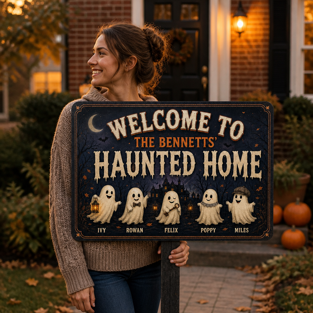 Welcome to Our Haunted Home – Personalized Family Ghost Metal Sign – Halloween Decor mockup-held-6a7ec226499642cfece3a2e8.png