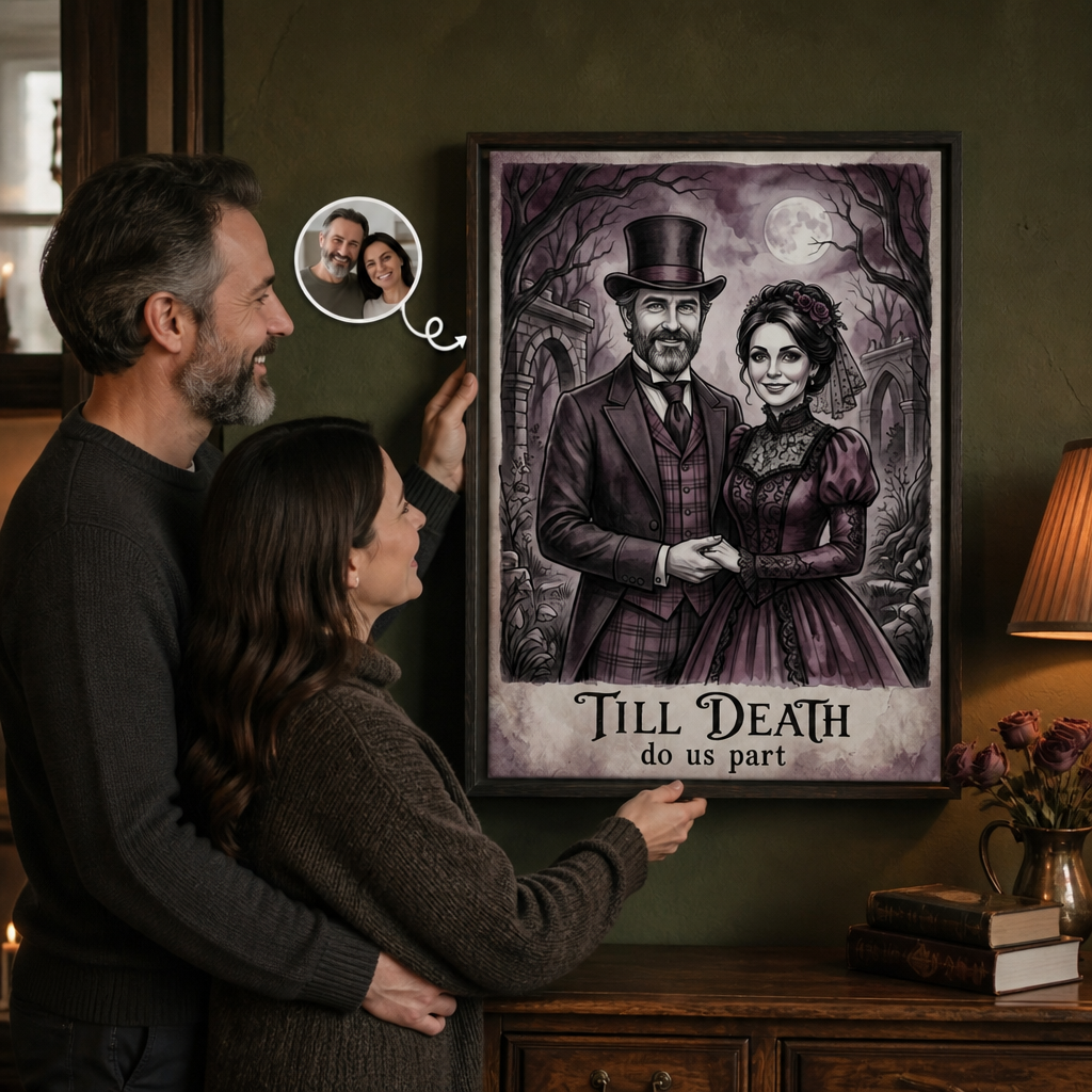 TILL DEATH do us part – Personalized Gothic Couple Portrait Canvas – Custom Photo Halloween, Wedding & Anniversary Gift for Husband and Wife mockup-held-6a7ec28483b698223e094572.png
