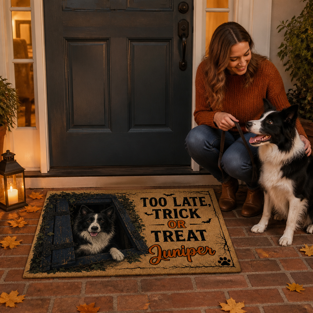 TOO LATE, TRICK OR TREAT Juniper – Personalized Photo Doormat – Halloween Gift mockup-held-6a7fe2de2b19edb947ec3b42.png